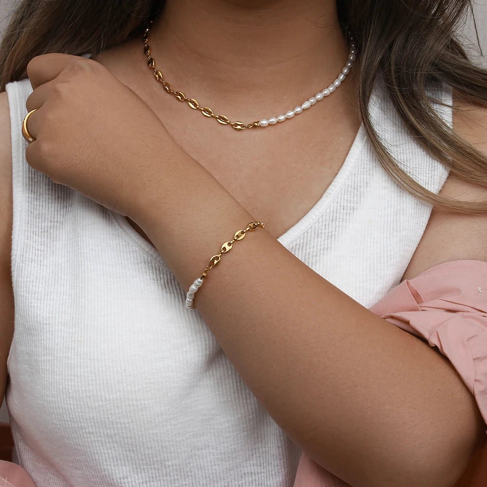 Coffee Bean and Freshwater Pearl Bracelet - Zafinne Jewelry
