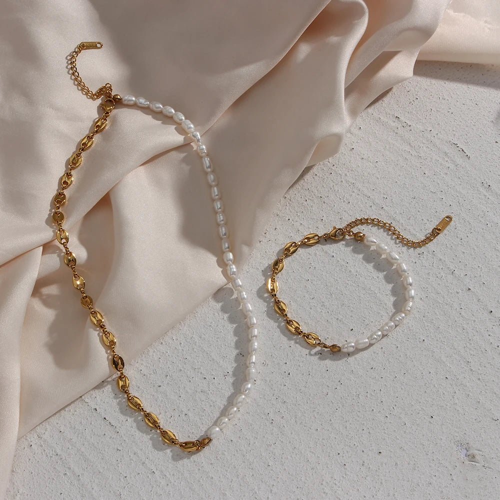 Coffee Bean and Freshwater Pearl Bracelet - Zafinne Jewelry