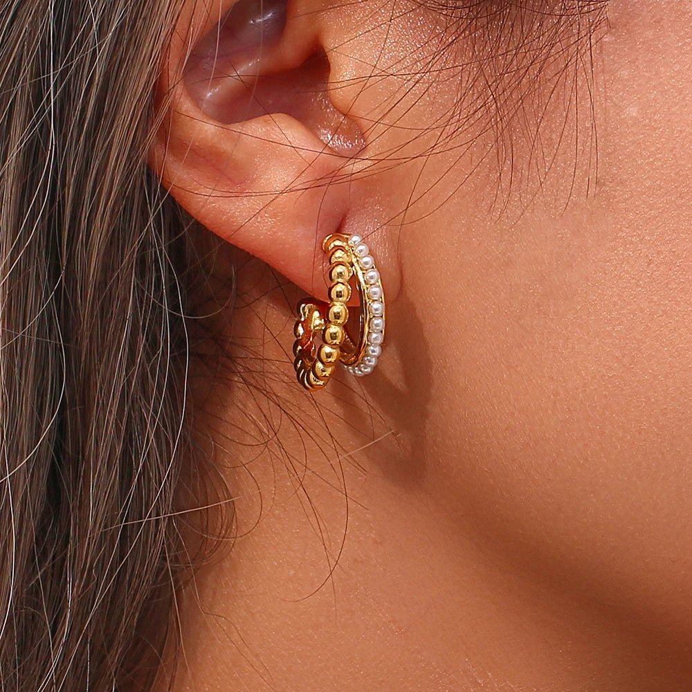 Double Stacked Pearl Hoop Earrings - Zafinne Jewelry