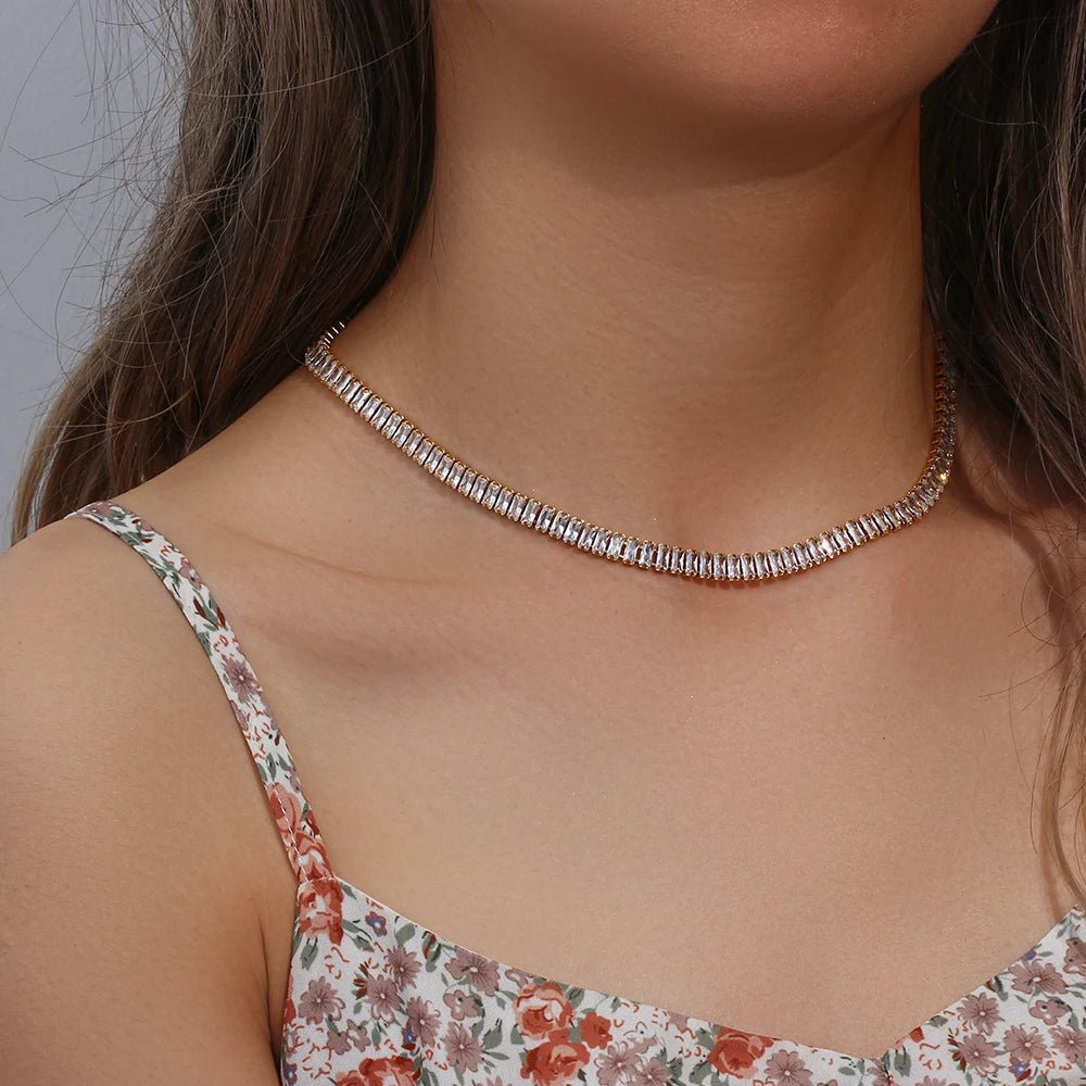 Square Crystals Chain Choker Necklace - Zafinne Jewelry