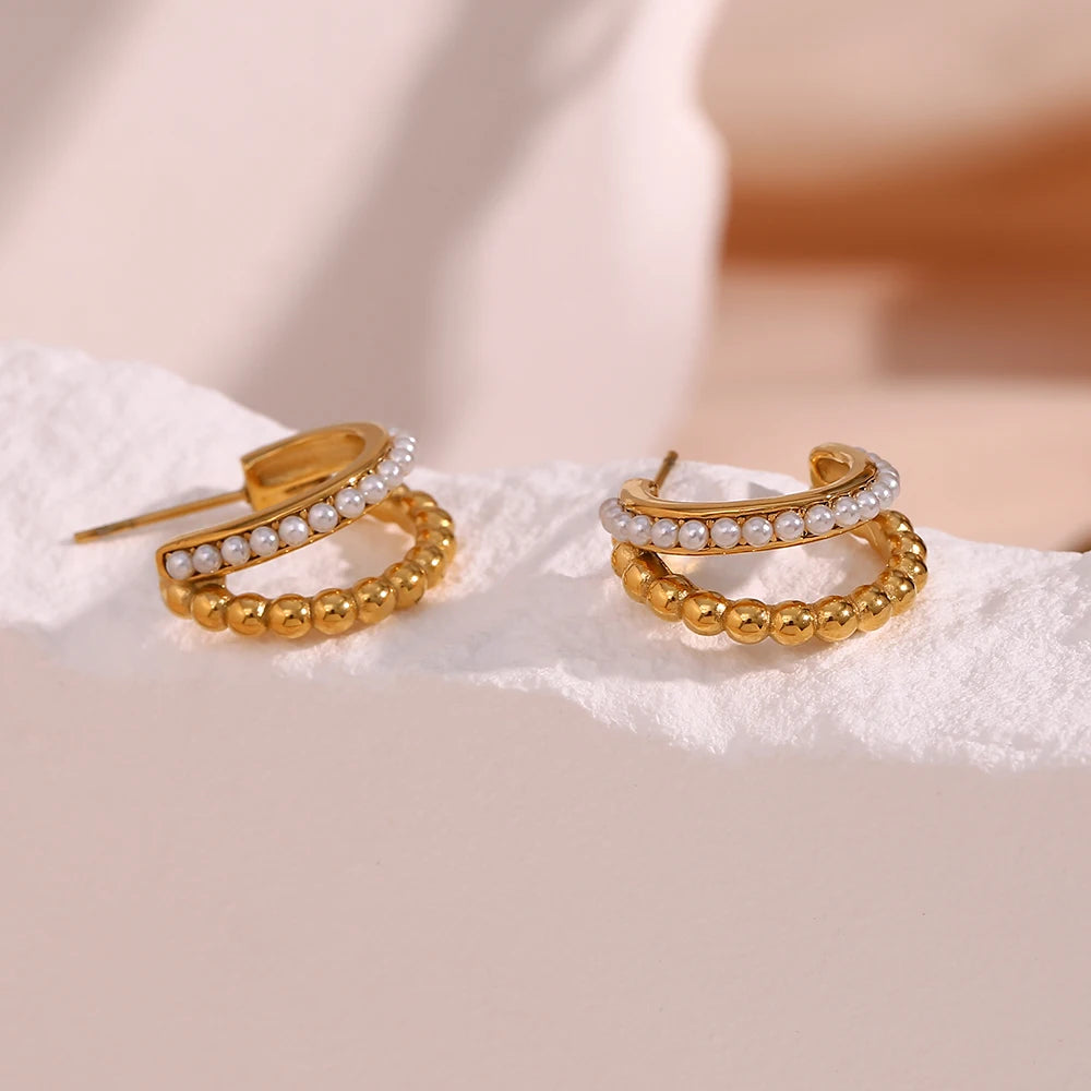 Double Stacked Pearl Hoop Earrings