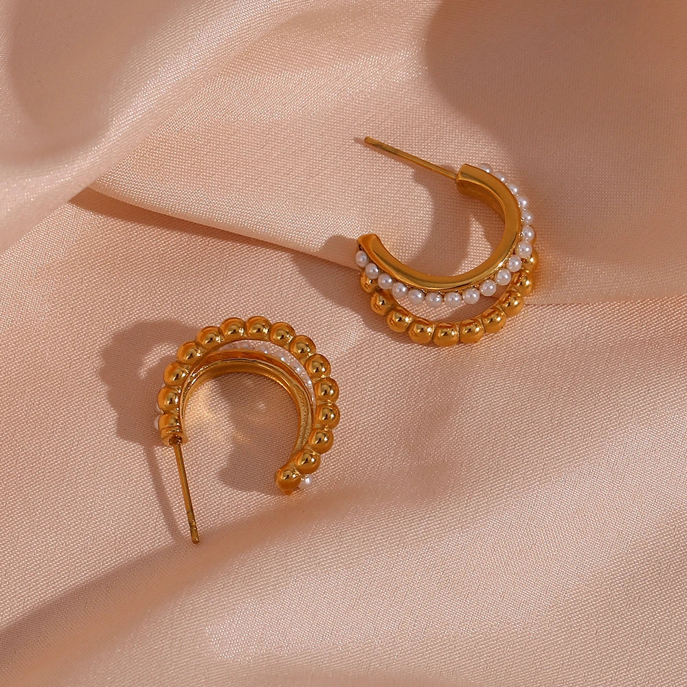 Double Stacked Pearl Hoop Earrings