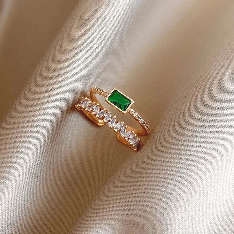 Green Crystal Double Adjustable Ring