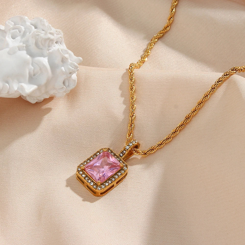 Rope Chain Square Stone Pendant Necklace