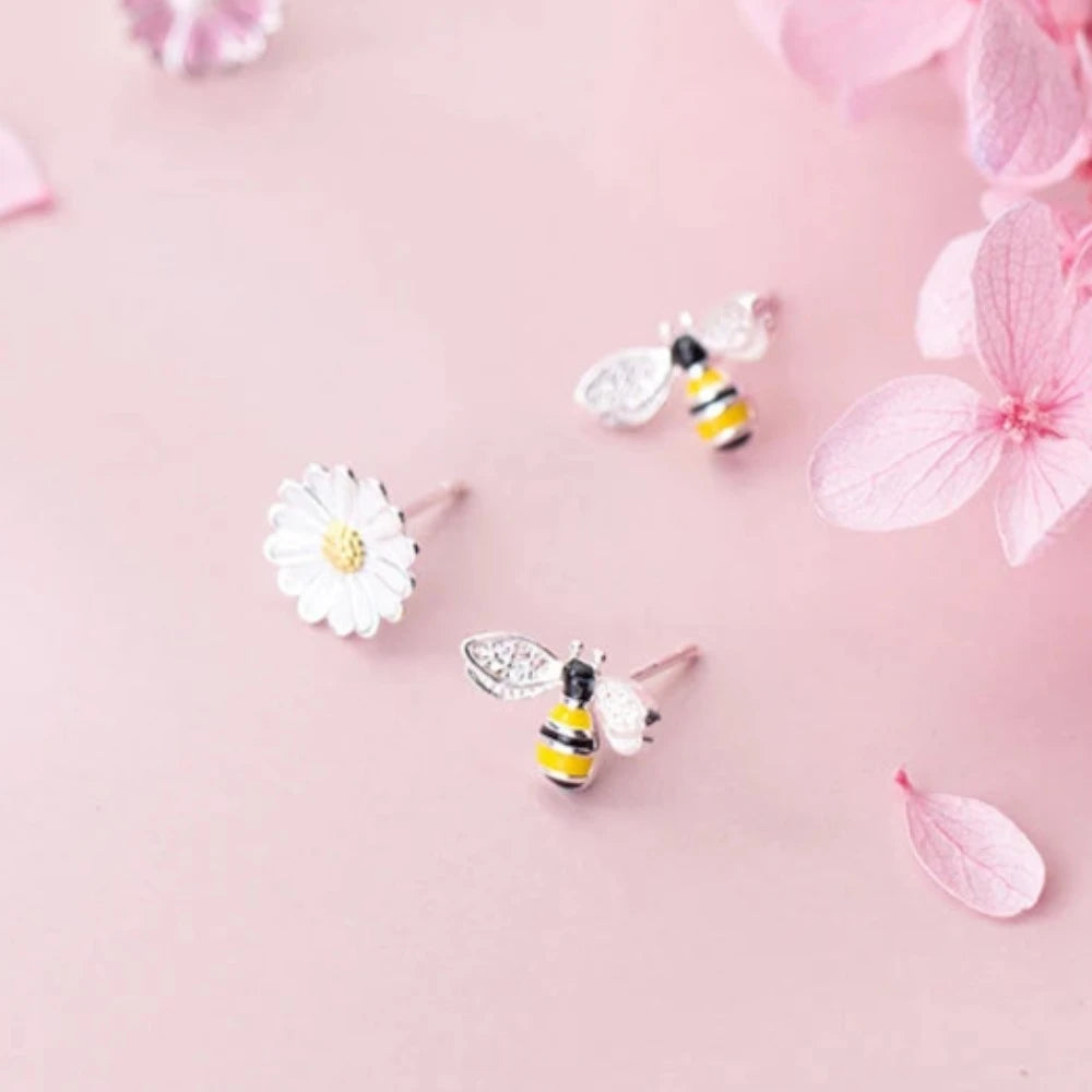 Silver Bee & Flower Earrings