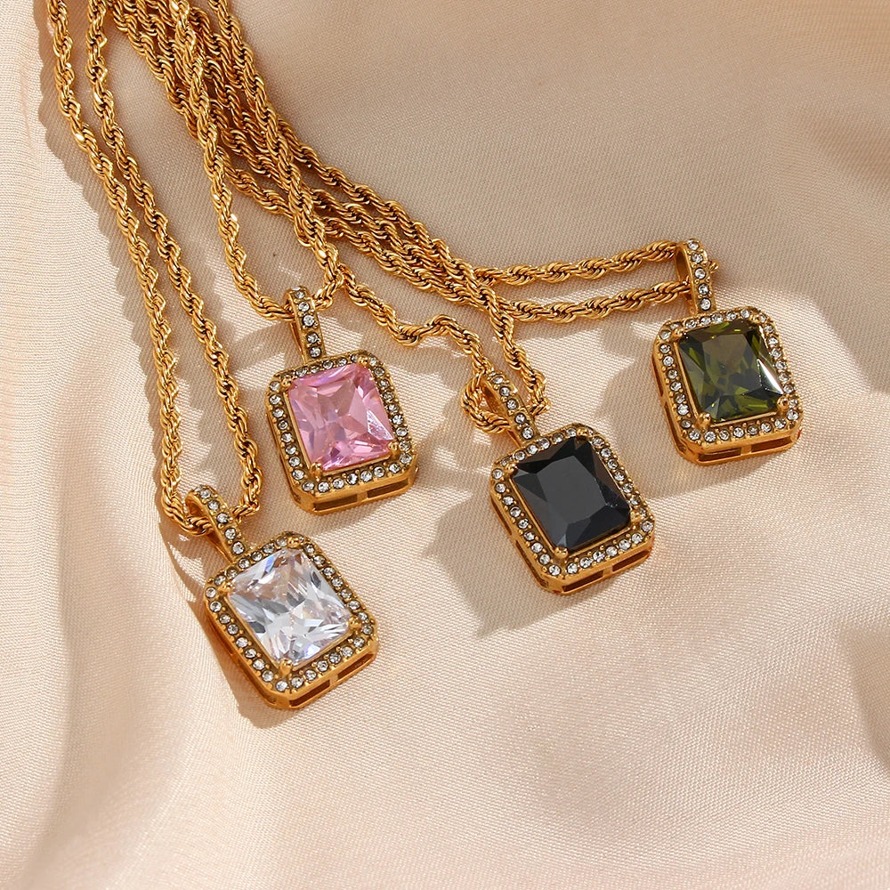 Rope Chain Square Stone Pendant Necklace