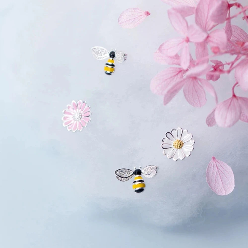 Silver Bee & Flower Earrings