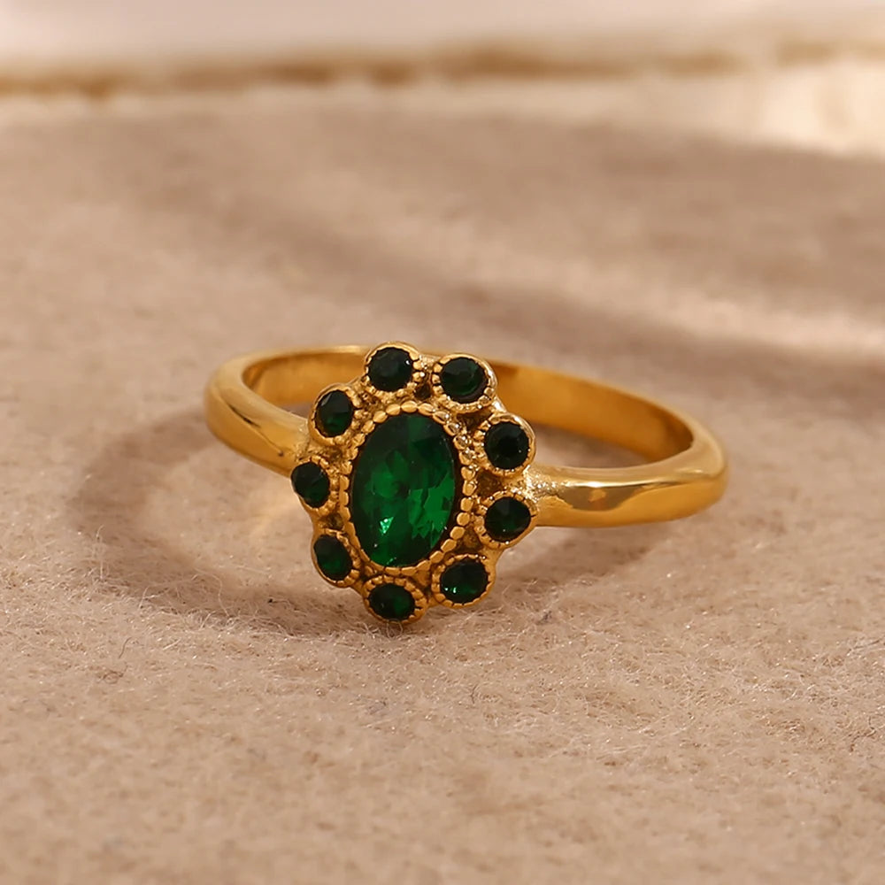 Oval Stone Flower Ring