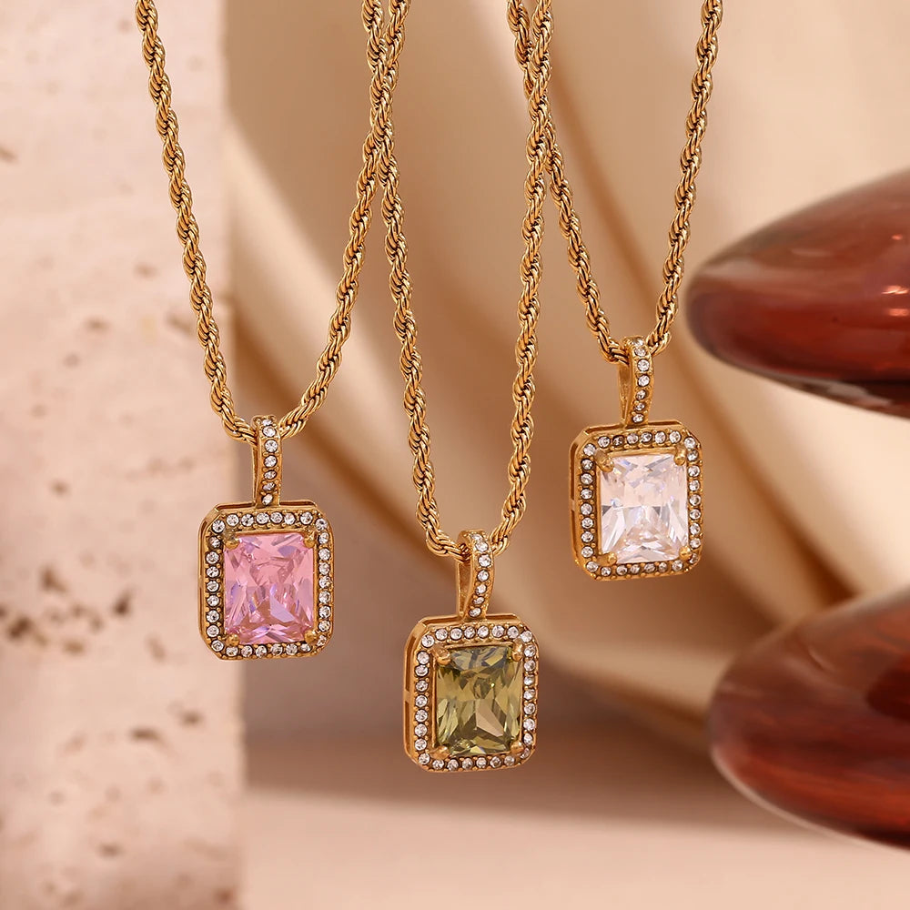 Rope Chain Square Stone Pendant Necklace