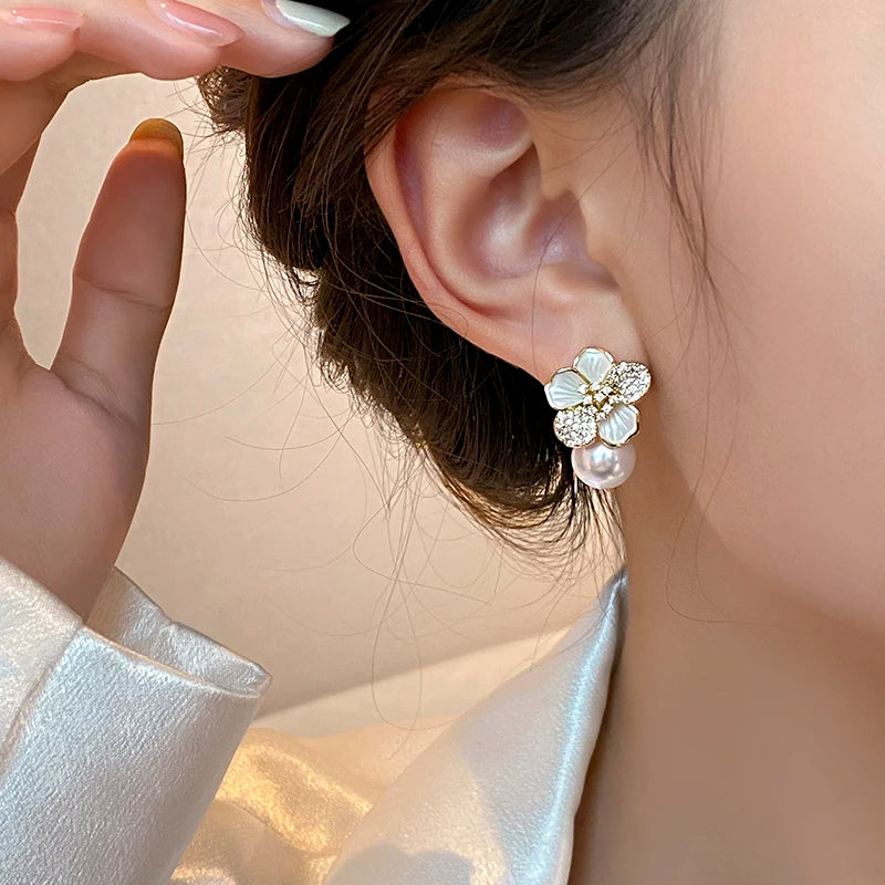 Camellia Flower Pearl Earrings