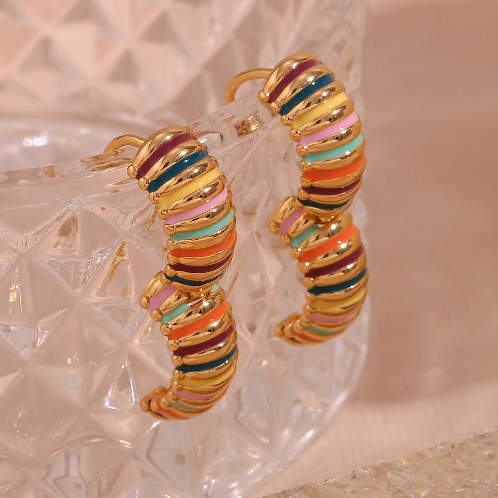 Colorful Enamel Textured Hoop Earrings