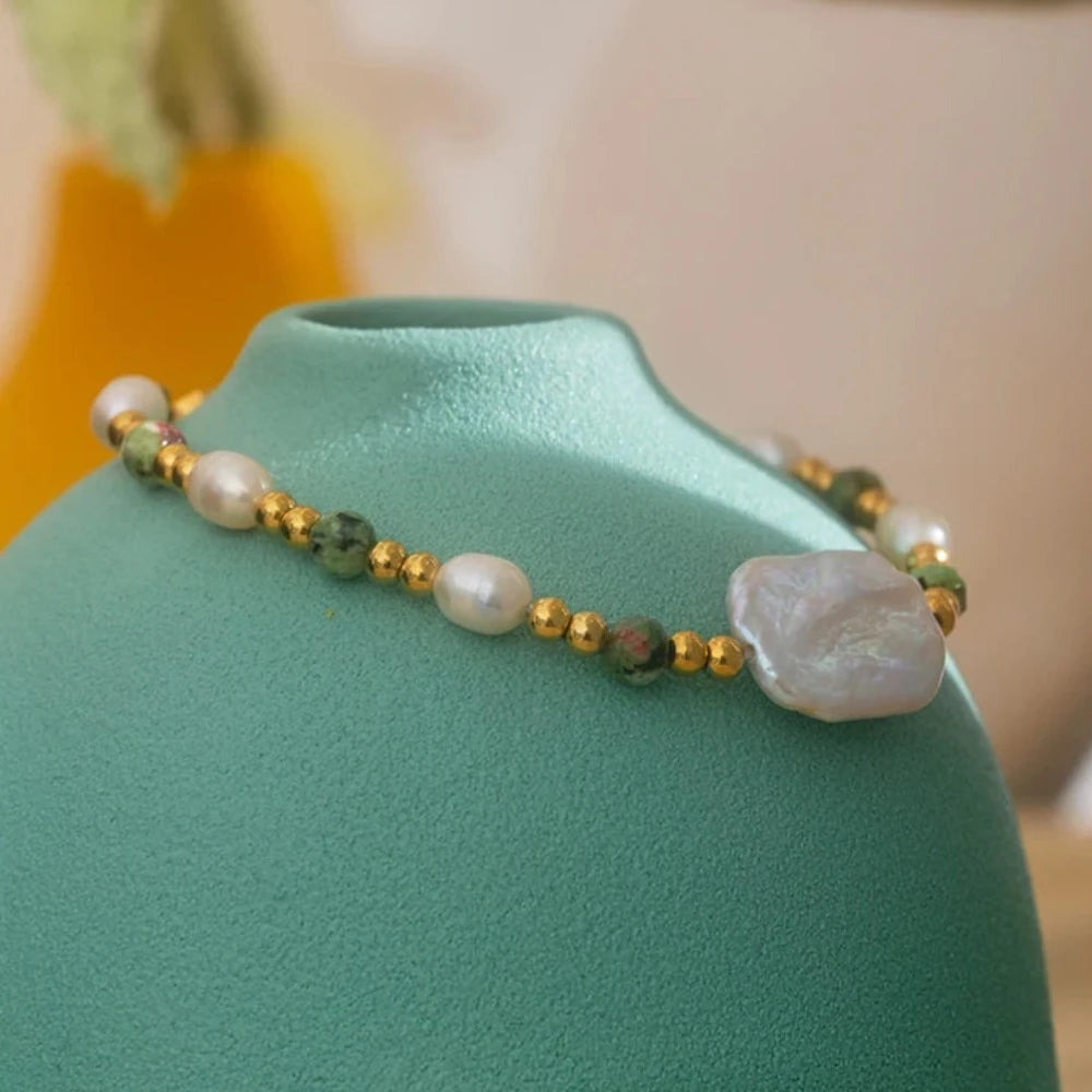 Natural Epidote Stone Freshwater Pearls Bracelet