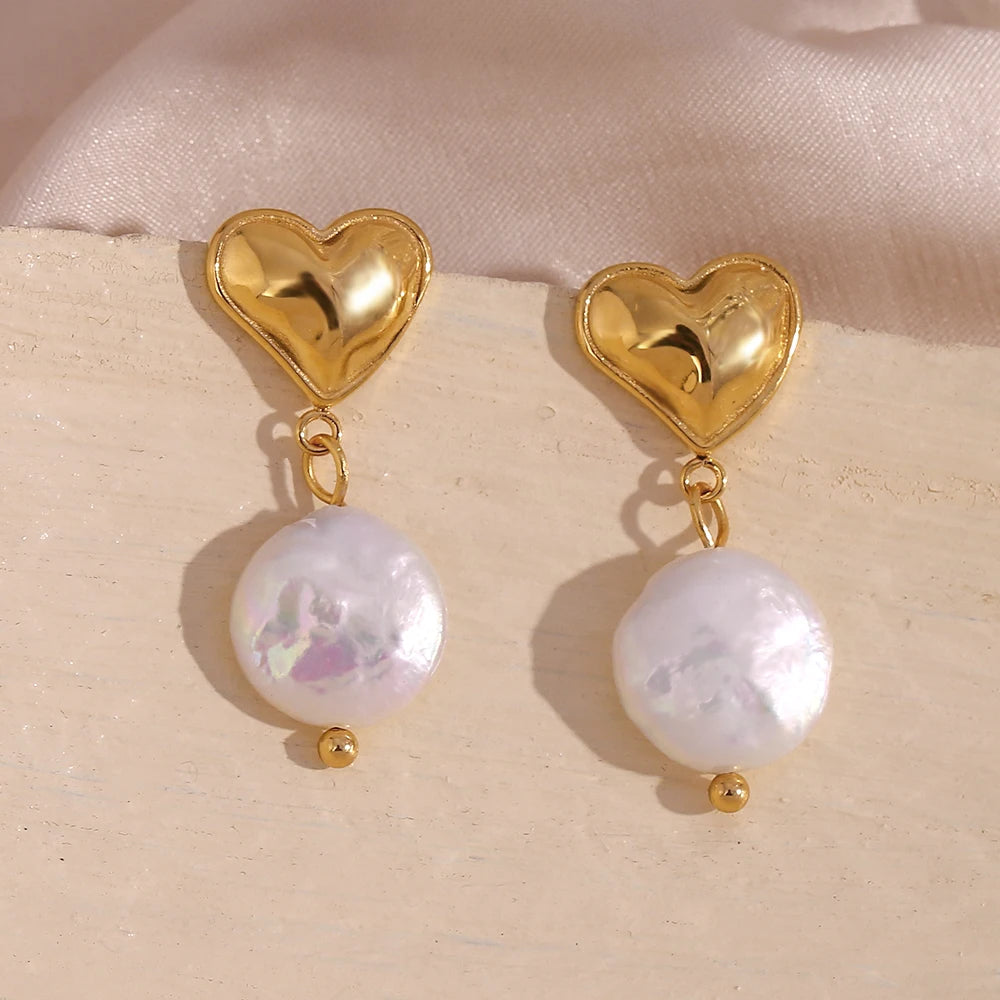 Heart Round Freshwater Pearl Drop Earrings