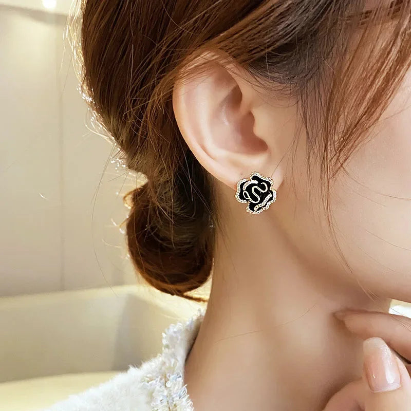 Black Camellia Flower Earrings