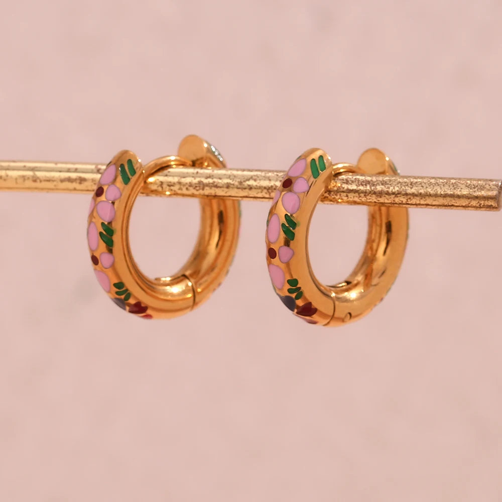 Colorful Enamel Flower Hoop Earrings