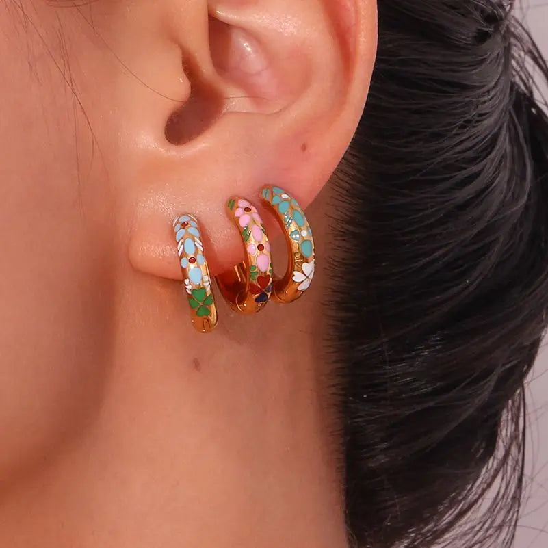 Colorful Enamel Flower Hoop Earrings