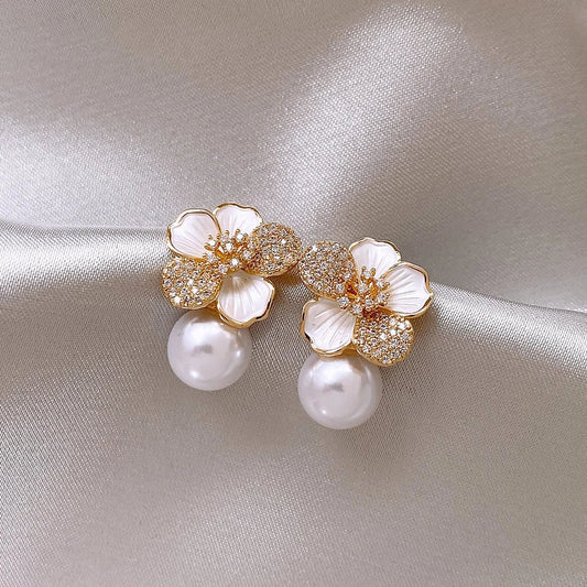 Camellia Flower Pearl Earrings