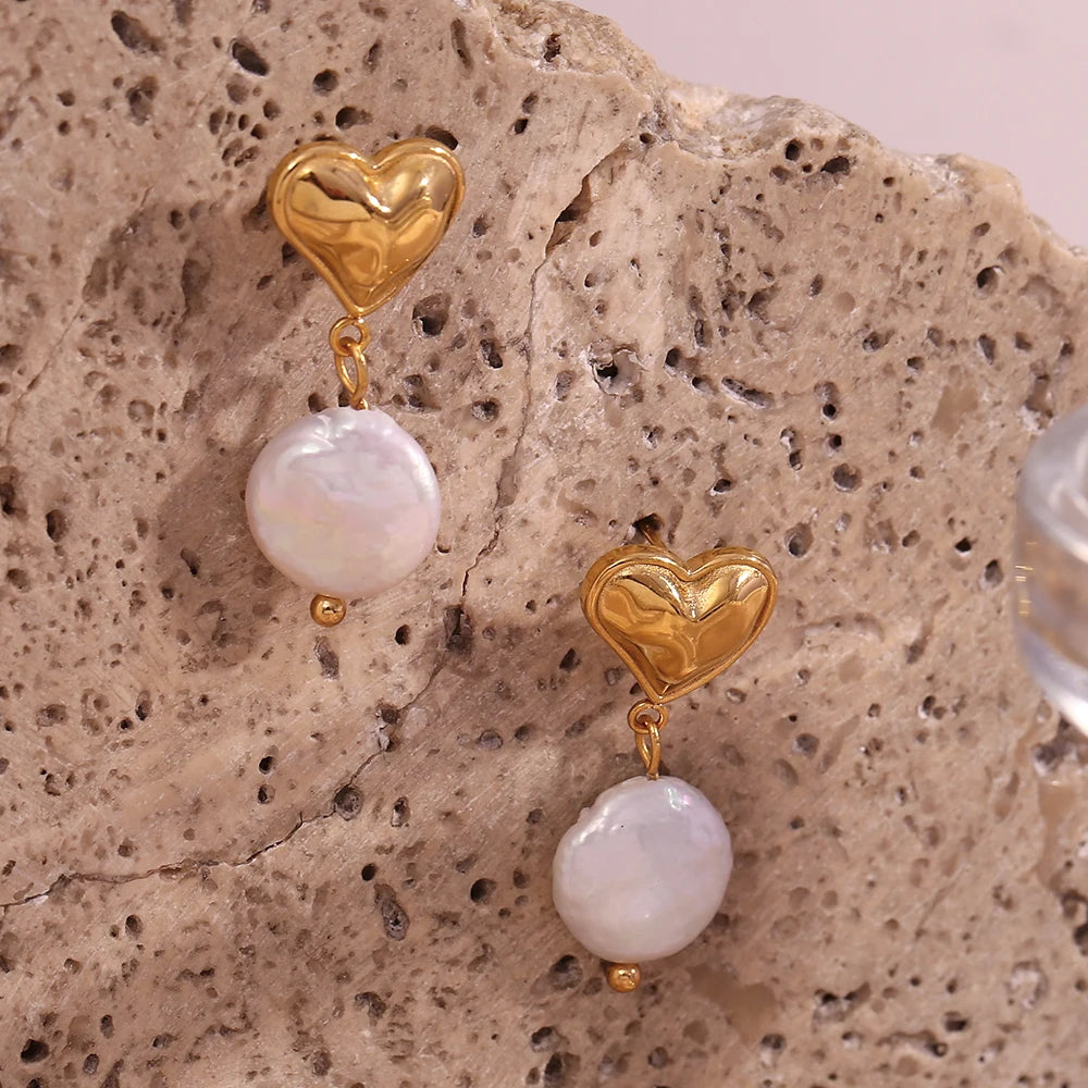 Heart Round Freshwater Pearl Drop Earrings