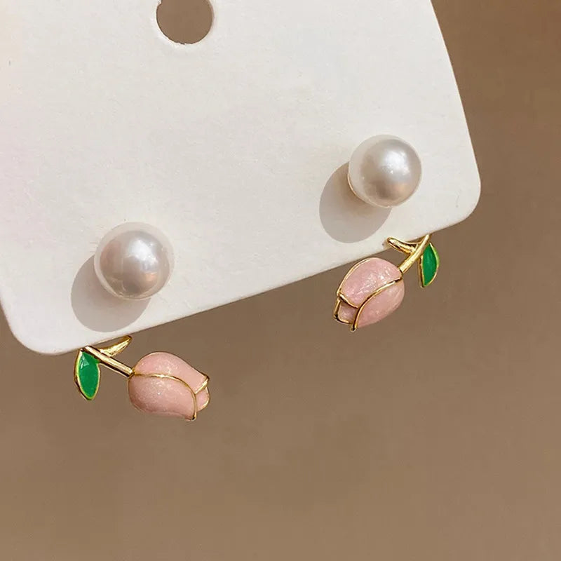 Pink Tulip Flower Pearl Earrings