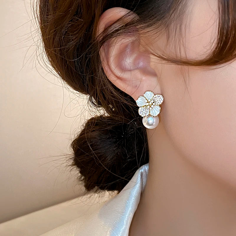 Camellia Flower Pearl Earrings