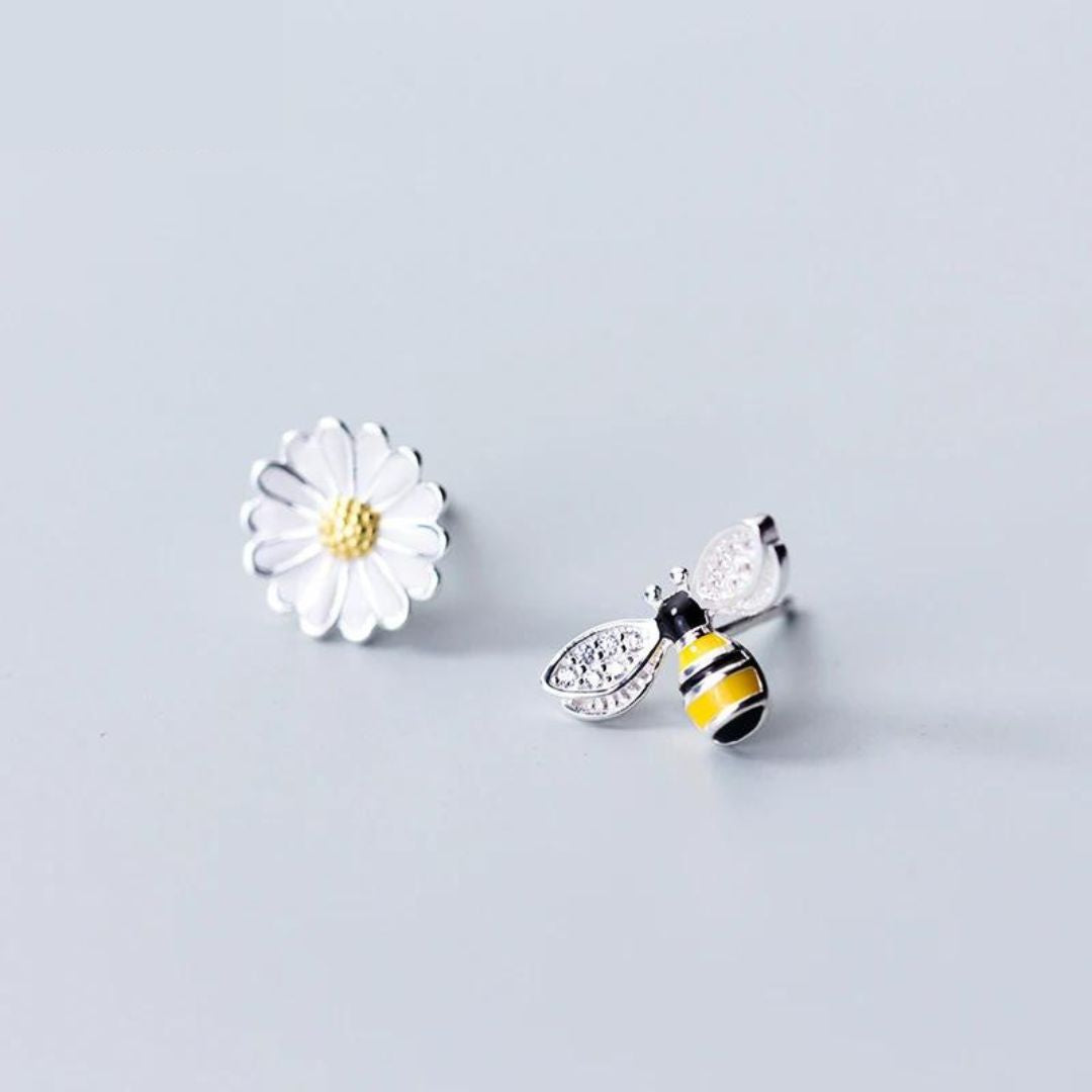 Silver Bee & Flower Earrings