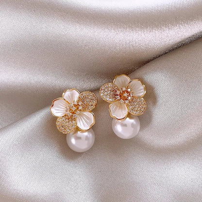 Camellia Flower Pearl Earrings - Zafinne Jewelry