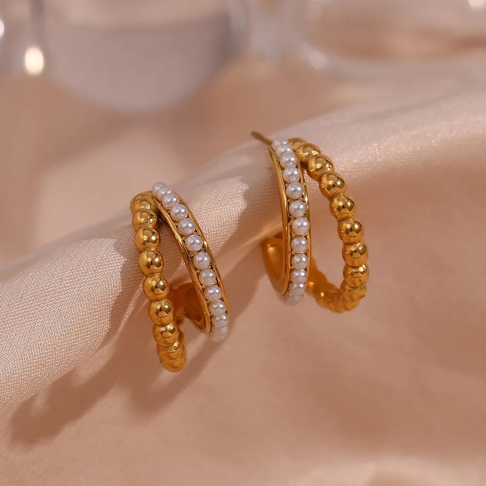 Double Stacked Pearl Hoop Earrings - Zafinne Jewelry
