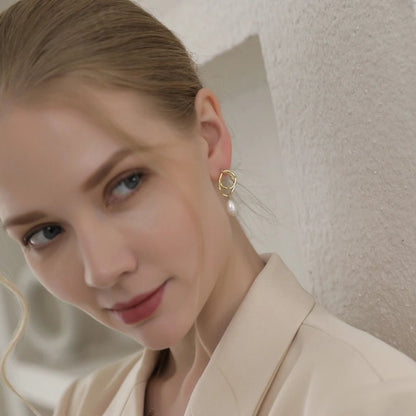 Geometric Drop Natural Pearl Earrings - Zafinne Jewelry