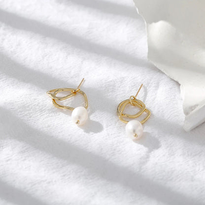 Geometric Drop Natural Pearl Earrings - Zafinne Jewelry