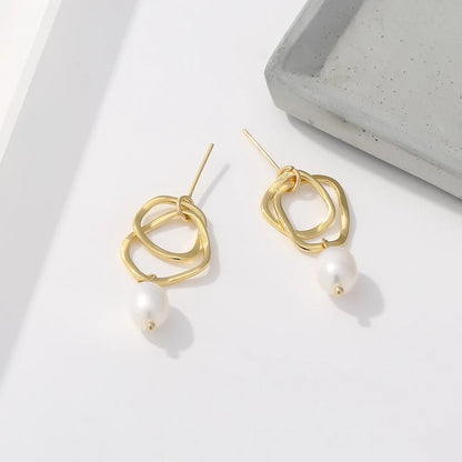 Geometric Drop Natural Pearl Earrings - Zafinne Jewelry