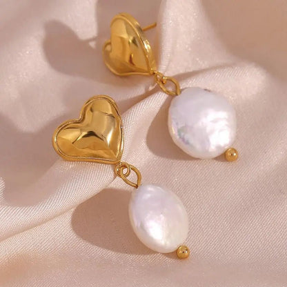 Heart Round Freshwater Pearl Drop Earrings - Zafinne Jewelry