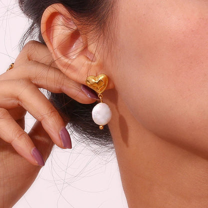Heart Round Freshwater Pearl Drop Earrings - Zafinne Jewelry